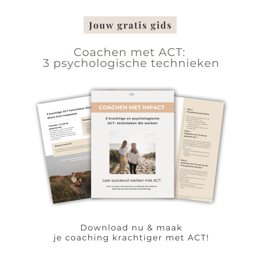 Mockup van het gratis eBook ‘Coachen met Impact’ over ACT-technieken voor coaches."